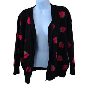 Strawberry Print Black Cardigan Sweater L  whimsygoth cottagecore fruit basket